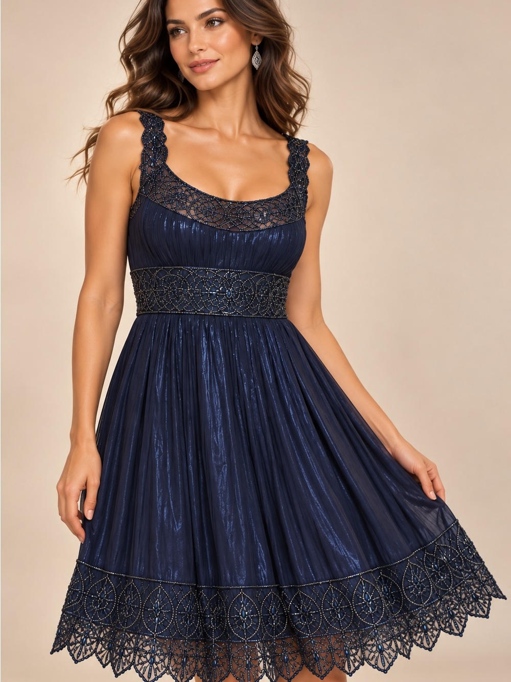 Adrianna Papell 100% Silk Navy Lace-Trim Pleated Midi Dress